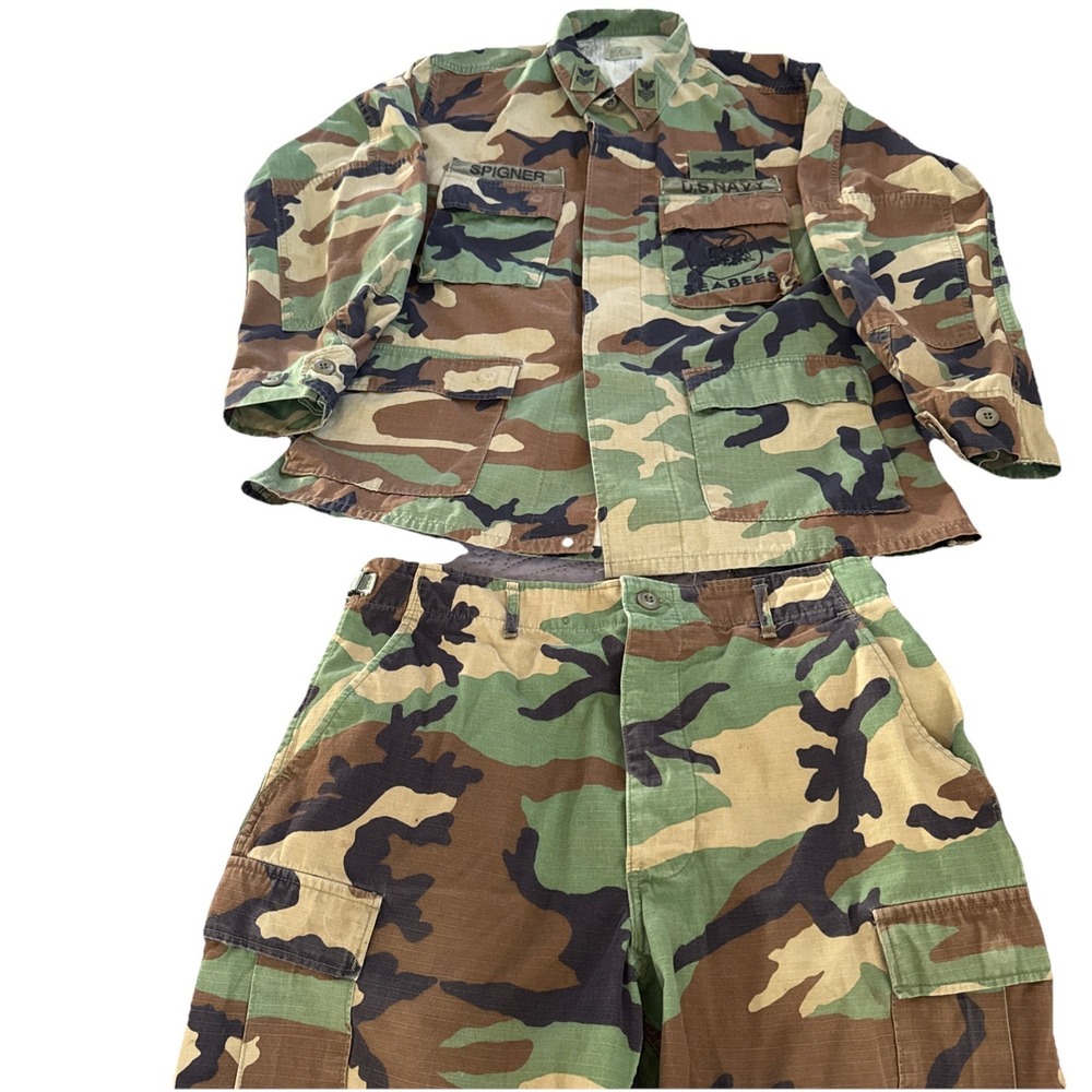 US Navy USN Seabees Woodland Camo Uniform BDU Jacket & Pants Coat Medium Regular